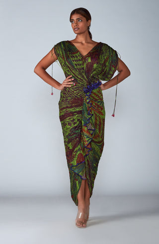 Saaksha & Kinni-Green Abstract Print Pleated Saree Dress-INDIASPOPUP.COM