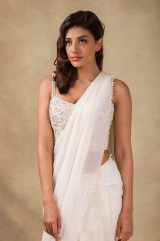 Ridhi Mehra - Ivory & Red Embroidered Drape Saree - INDIASPOPUP.COM