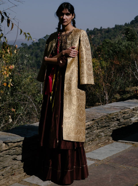Label Earthen-Brown Banarasi Silk Sharara Set & Jacket-INDIASPOPUP.COM