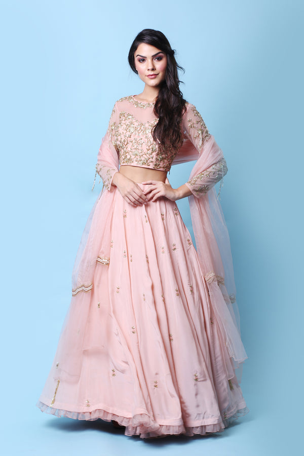 Khalom - Peach Pink Lehenga Set - INDIASPOPUP.COM