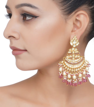 Preeti Mohan-Gold Plated Pink Kundan Chandbali Earrings-INDIASPOPUP.COM