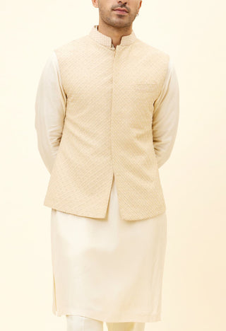 Sva By Sonam And Paras Modi-Beige Butti Embroidered Bundi-INDIASPOPUP.COM