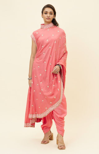 Sva By Sonam And Paras Modi-Coral One Shoulder Tunic With Cowl Pants-INDIASPOPUP.COM