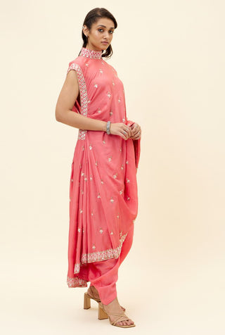 Sva By Sonam And Paras Modi-Coral One Shoulder Tunic With Cowl Pants-INDIASPOPUP.COM