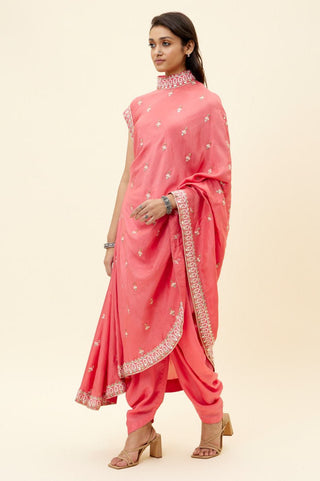 Sva By Sonam And Paras Modi-Coral One Shoulder Tunic With Cowl Pants-INDIASPOPUP.COM