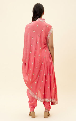 Sva By Sonam And Paras Modi-Coral One Shoulder Tunic With Cowl Pants-INDIASPOPUP.COM