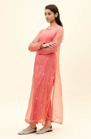 Sva By Sonam And Paras Modi-Coral Draped Pants With Bustier And Kurta-INDIASPOPUP.COM