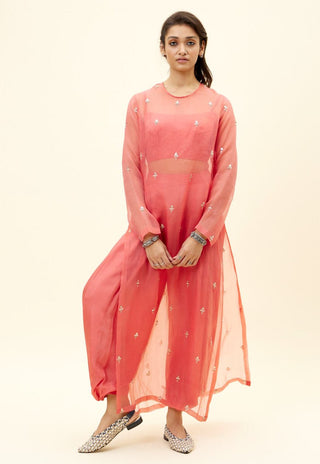 Sva By Sonam And Paras Modi-Coral Draped Pants With Bustier And Kurta-INDIASPOPUP.COM