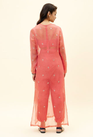 Sva By Sonam And Paras Modi-Coral Draped Pants With Bustier And Kurta-INDIASPOPUP.COM