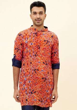 Sva By Sonam And Paras Modi-Orange Jaal Print Short Shirt Style Kurta-INDIASPOPUP.COM