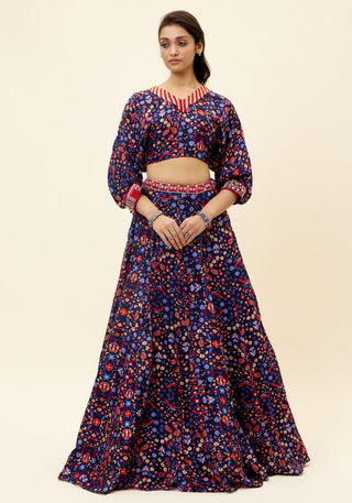 Sva By Sonam And Paras Modi-Blue Rasa Print Lehenga With Crop Top-INDIASPOPUP.COM