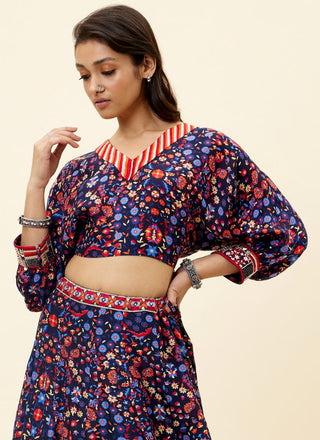 Sva By Sonam And Paras Modi-Blue Rasa Print Lehenga With Crop Top-INDIASPOPUP.COM