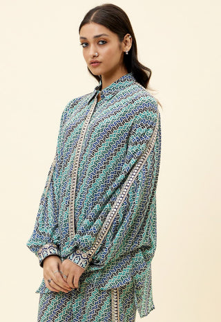 Sva By Sonam And Paras Modi-Multicolor Leaf Print Oversized Shirt With Pant-INDIASPOPUP.COM