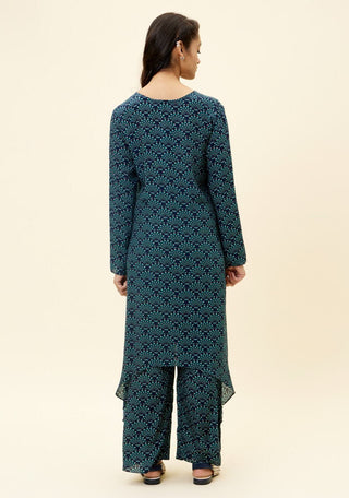 Sva By Sonam And Paras Modi-Blue Feather Print Tunic With Pant-INDIASPOPUP.COM