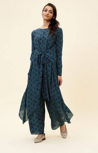 Sva By Sonam And Paras Modi-Blue Feather Print Tunic With Pant-INDIASPOPUP.COM