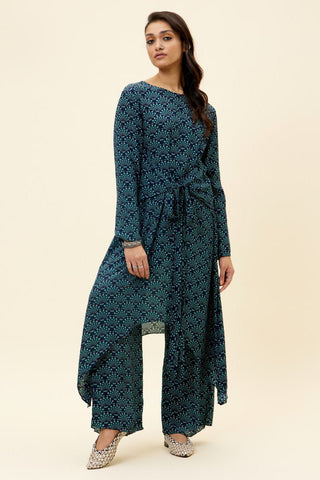 Sva By Sonam And Paras Modi-Blue Feather Print Tunic With Pant-INDIASPOPUP.COM