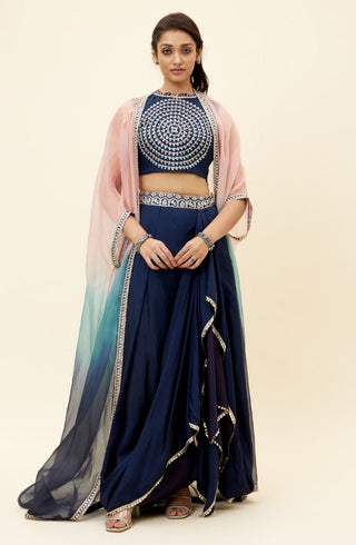 Sva By Sonam And Paras Modi-Blue Embroidered Crop Top With Skirt And Overlay-INDIASPOPUP.COM