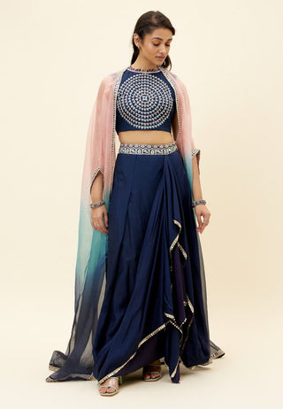 Sva By Sonam And Paras Modi-Blue Embroidered Crop Top With Skirt And Overlay-INDIASPOPUP.COM