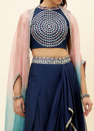 Sva By Sonam And Paras Modi-Blue Embroidered Crop Top With Skirt And Overlay-INDIASPOPUP.COM