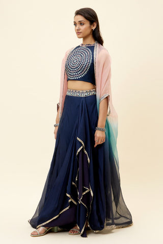 Sva By Sonam And Paras Modi-Blue Embroidered Crop Top With Skirt And Overlay-INDIASPOPUP.COM