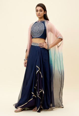 Sva By Sonam And Paras Modi-Blue Embroidered Crop Top With Skirt And Overlay-INDIASPOPUP.COM