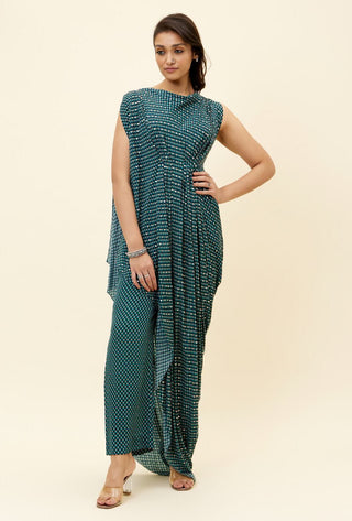 Sva By Sonam And Paras Modi-Blue Print Embellished Draped Top With Pants-INDIASPOPUP.COM