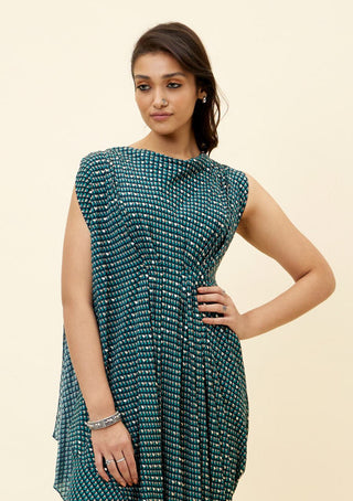 Sva By Sonam And Paras Modi-Blue Print Embellished Draped Top With Pants-INDIASPOPUP.COM