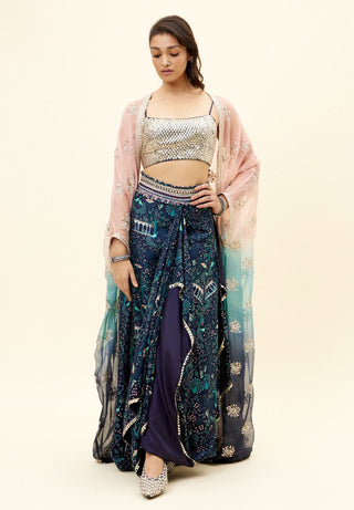 Sva By Sonam And Paras Modi-Blue Cape With Bustier And Drape Skirt-INDIASPOPUP.COM