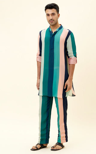 Sva By Sonam And Paras Modi Men-Multicolor Stripes Print Kurta With Pants-INDIASPOPUP.COM