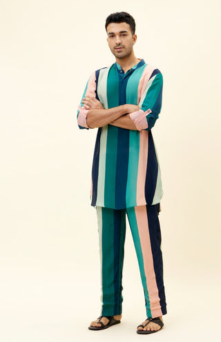 Sva By Sonam And Paras Modi Men-Multicolor Stripes Print Kurta With Pants-INDIASPOPUP.COM