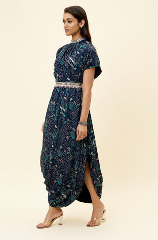 Sva By Sonam And Paras Modi-Blue Print Drape Dress With Embroidered Belt-INDIASPOPUP.COM