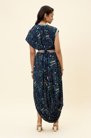 Sva By Sonam And Paras Modi-Blue Print Drape Dress With Embroidered Belt-INDIASPOPUP.COM
