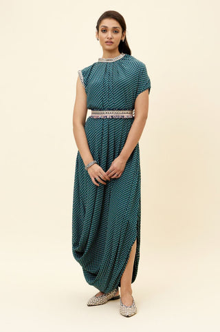 Sva By Sonam And Paras Modi-Blue Butti Print Dress With Embroidered Belt-INDIASPOPUP.COM