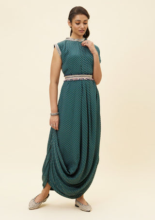 Sva By Sonam And Paras Modi-Blue Butti Print Dress With Embroidered Belt-INDIASPOPUP.COM