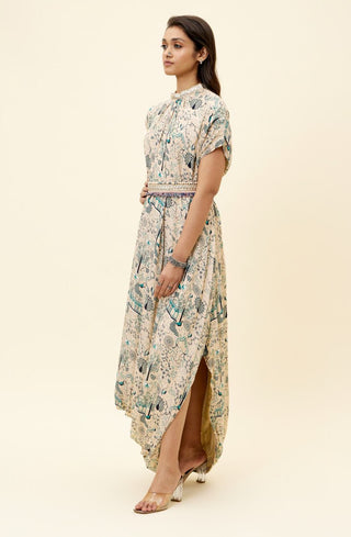 Sva By Sonam And Paras Modi-Beige Mor Jaal Dress With Embroidered Belt-INDIASPOPUP.COM