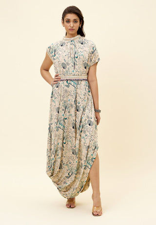 Sva By Sonam And Paras Modi-Beige Mor Jaal Dress With Embroidered Belt-INDIASPOPUP.COM