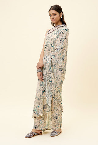 Sva By Sonam And Paras Modi-Beige One Shoulder Drape Tunic With Pants-INDIASPOPUP.COM