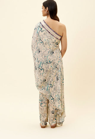 Sva By Sonam And Paras Modi-Beige One Shoulder Drape Tunic With Pants-INDIASPOPUP.COM