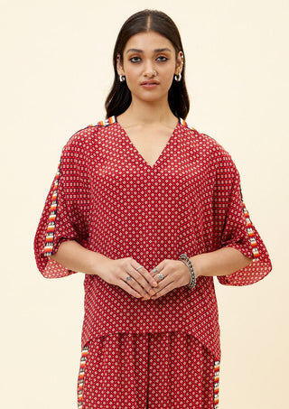 Sva By Sonam And Paras Modi-Rasa Red Geo Print Top With Trouser-INDIASPOPUP.COM