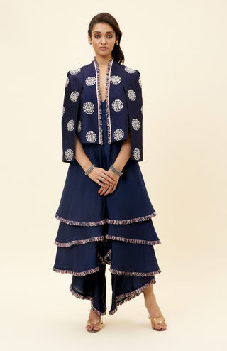 Sva By Sonam And Paras Modi-Blue Peacock Motif Jacket With Layered Jumpsuit-INDIASPOPUP.COM