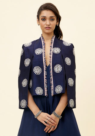 Sva By Sonam And Paras Modi-Blue Peacock Motif Jacket With Layered Jumpsuit-INDIASPOPUP.COM