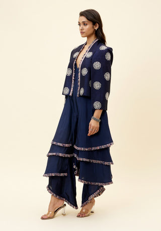 Sva By Sonam And Paras Modi-Blue Peacock Motif Jacket With Layered Jumpsuit-INDIASPOPUP.COM