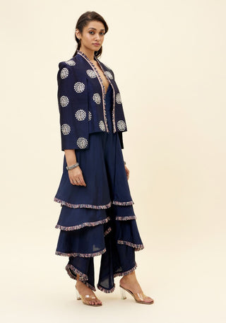 Sva By Sonam And Paras Modi-Blue Peacock Motif Jacket With Layered Jumpsuit-INDIASPOPUP.COM