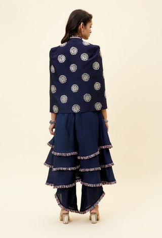 Sva By Sonam And Paras Modi-Blue Peacock Motif Jacket With Layered Jumpsuit-INDIASPOPUP.COM