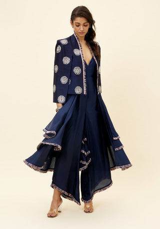 Sva By Sonam And Paras Modi-Blue Peacock Motif Jacket With Layered Jumpsuit-INDIASPOPUP.COM