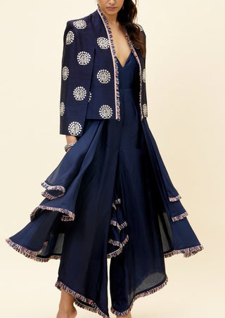 Sva By Sonam And Paras Modi-Blue Peacock Motif Jacket With Layered Jumpsuit-INDIASPOPUP.COM