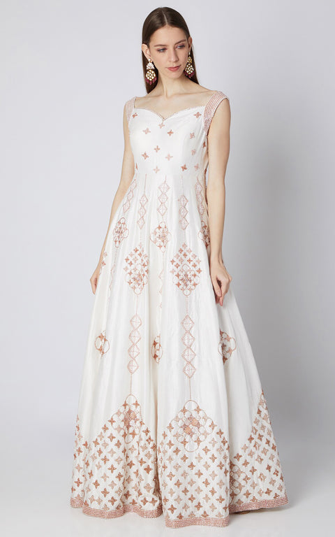 Pink Peacock Couture-Off White Embroidered Gown-INDIASPOPUP.COM