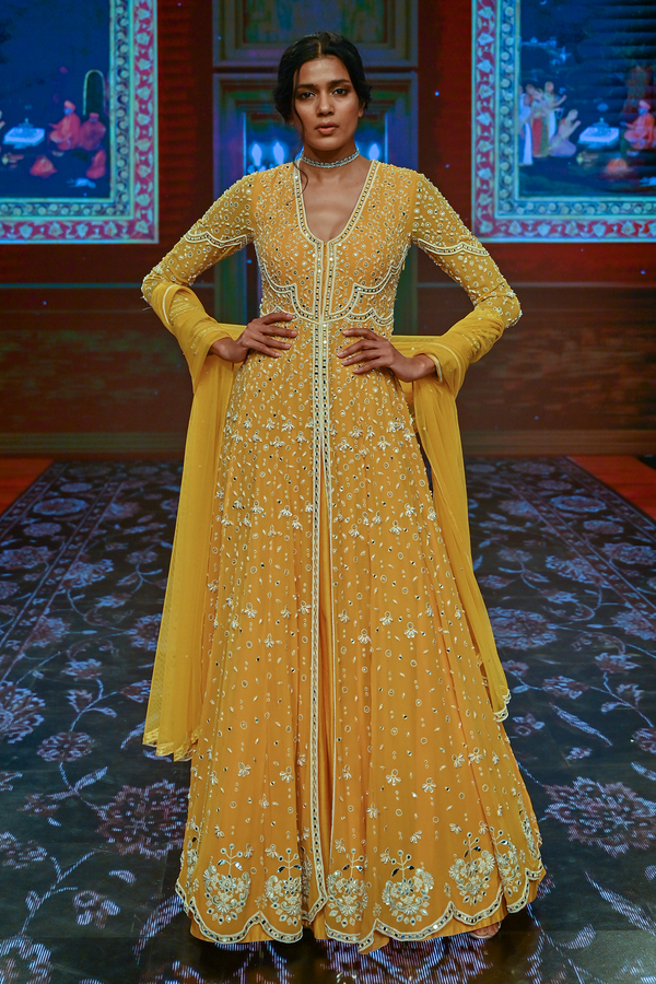 Ridhi Mehra-Golden Yellow Embroidered Anarkali-INDIASPOPUP.COM