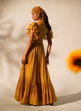 Nikita Mhaisalkar-Mustard Embellished Maxi Dress With Belt-INDIASPOPUP.COM