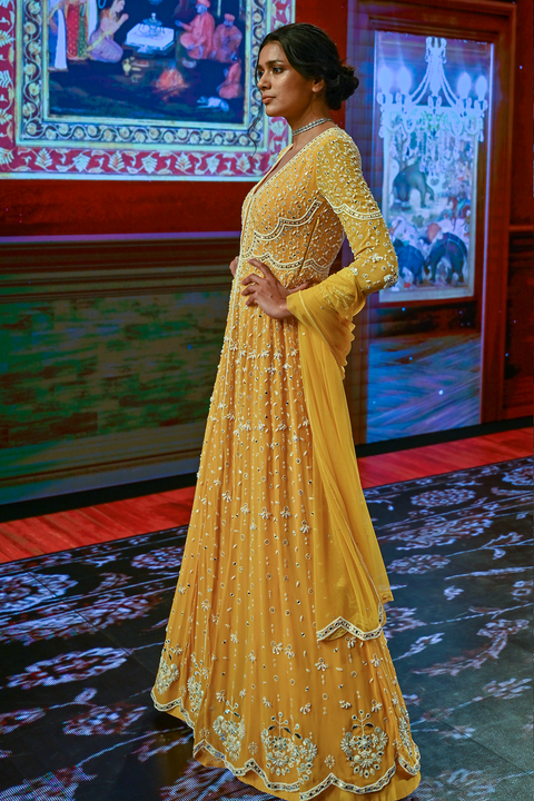 Ridhi Mehra-Golden Yellow Embroidered Anarkali-INDIASPOPUP.COM